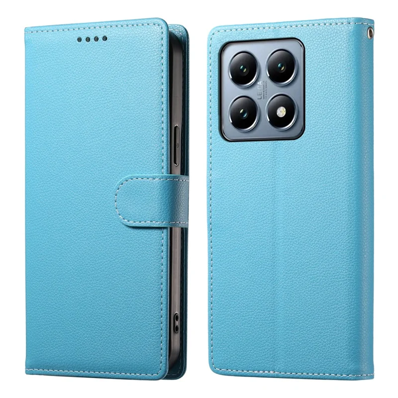 Étui en cuir pour Xiaomi 14T Pro avec fermeture magnétique, texture de litchi, pochette pour téléphone avec dragonne - Bleu ciel
