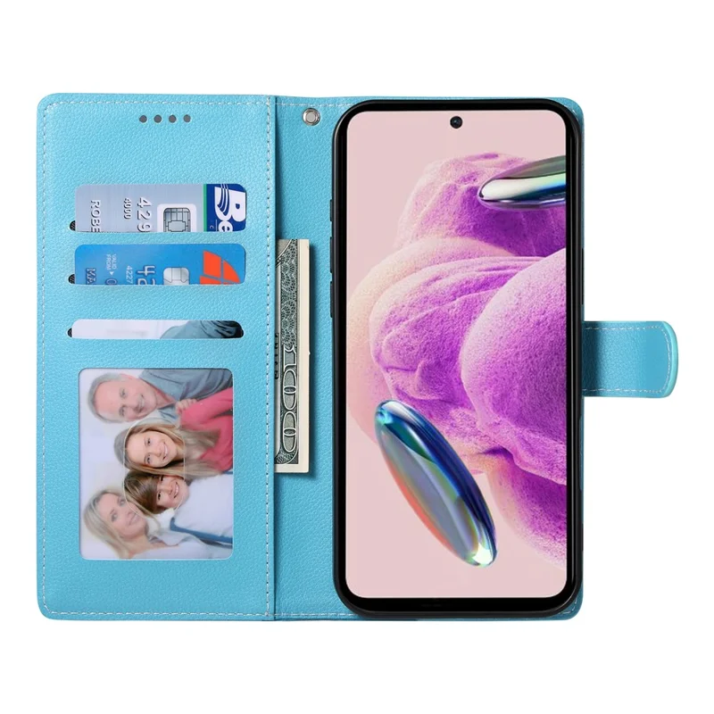 Étui en cuir pour Xiaomi 14T Pro avec fermeture magnétique, texture de litchi, pochette pour téléphone avec dragonne - Bleu ciel
