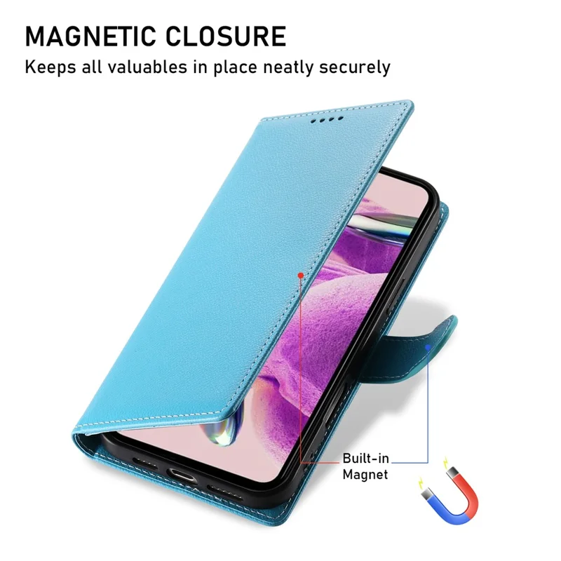 Étui en cuir pour Xiaomi 14T Pro avec fermeture magnétique, texture de litchi, pochette pour téléphone avec dragonne - Bleu ciel