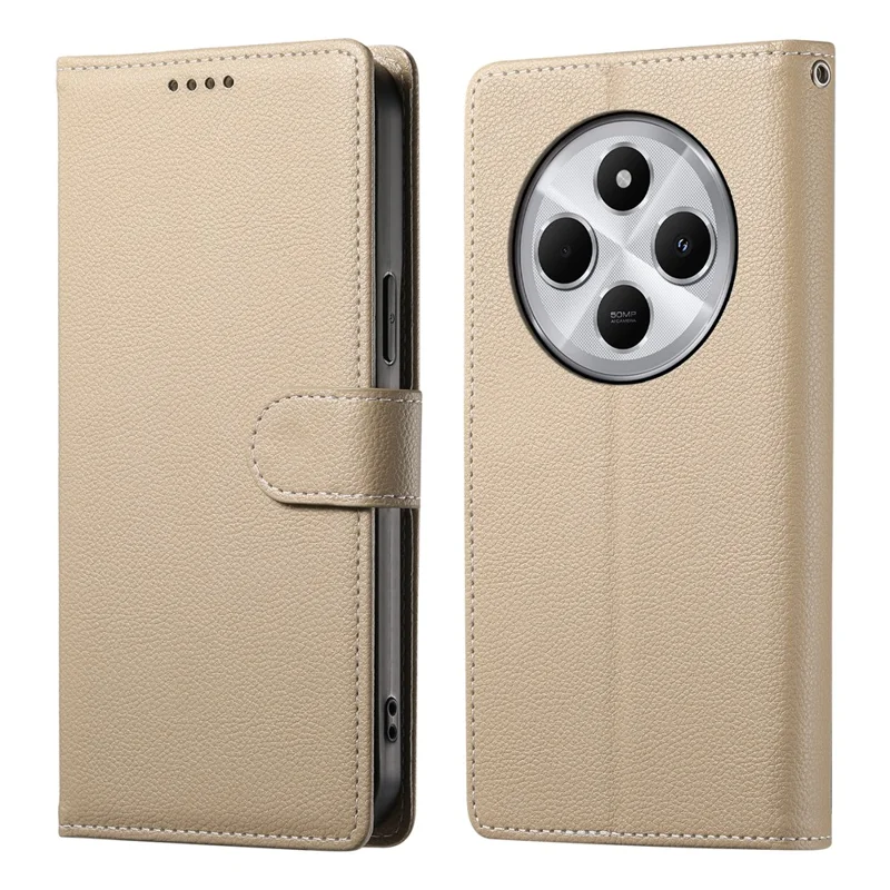 Funda de cuero para Xiaomi Redmi 14C 4G / 14R 5G / Poco C75 4G con cierre magnético, textura de lichi, cartera para teléfono con correa de muñeca - Albaricoque