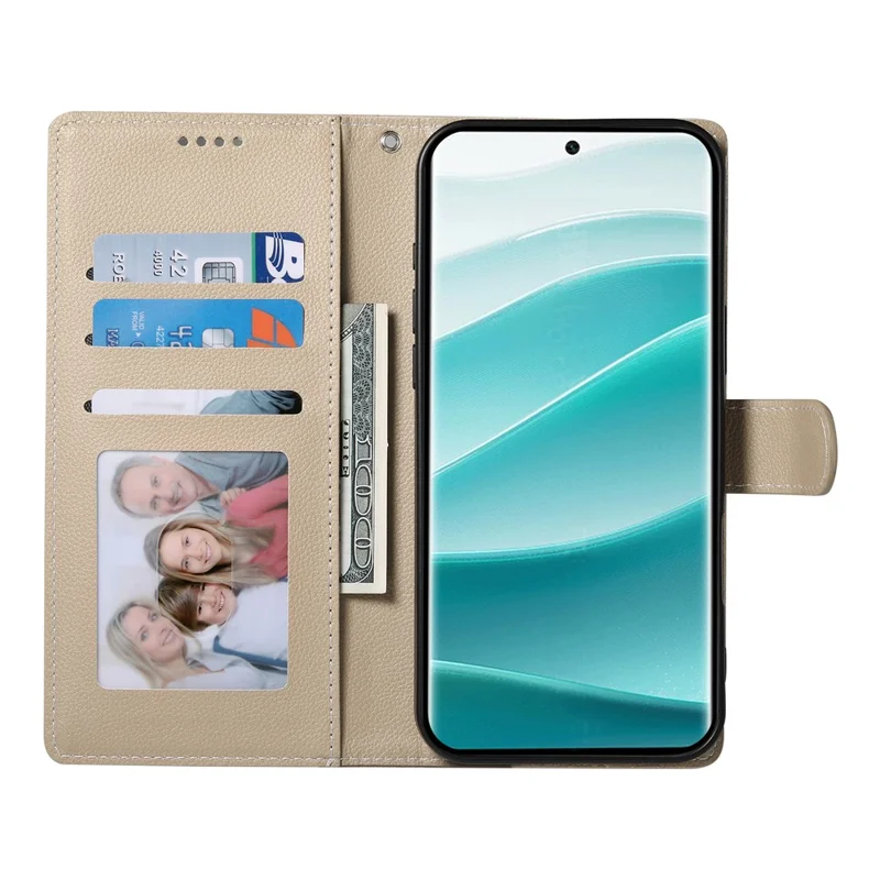 Funda de cuero para Xiaomi Redmi 14C 4G / 14R 5G / Poco C75 4G con cierre magnético, textura de lichi, cartera para teléfono con correa de muñeca - Albaricoque