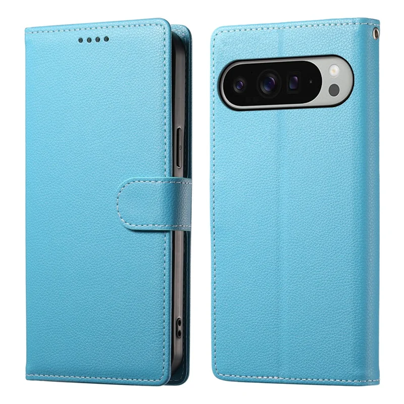 Compra em Massa para Capa de Couro Magnética com Textura de Litchi para Google Pixel 9 Pro XL com Alça de Pulso - Azul Céu
