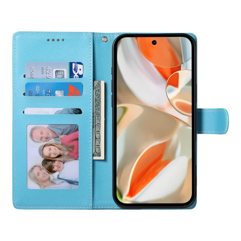 Compra em Massa para Capa de Couro Magnética com Textura de Litchi para Google Pixel 9 Pro XL com Alça de Pulso - Azul Céu