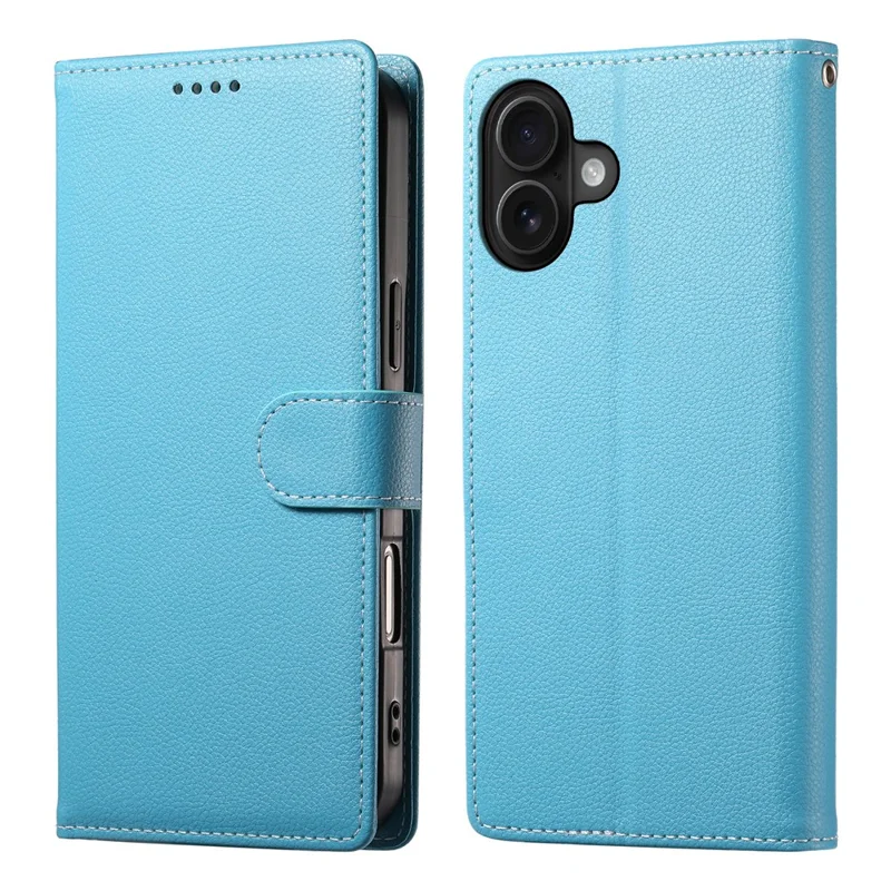 Bulk Purchasing For iPhone 17 Leather Case Magnetic Snap Litchi Texture Wallet Phone Cover with Wrist Strap - Sky Blue