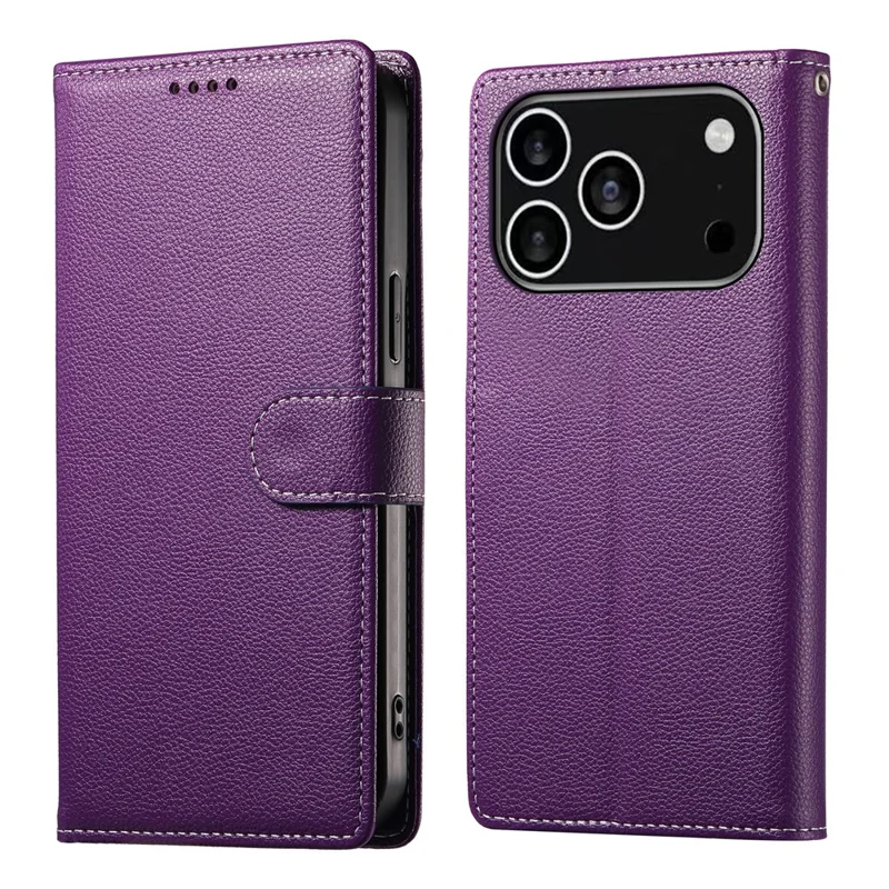 Großeinkauf für iPhone 17 Pro Leder Hülle Magnetischer Snap Litchi Textur Geldbörse Handyhülle mit Handgelenkband - Lila