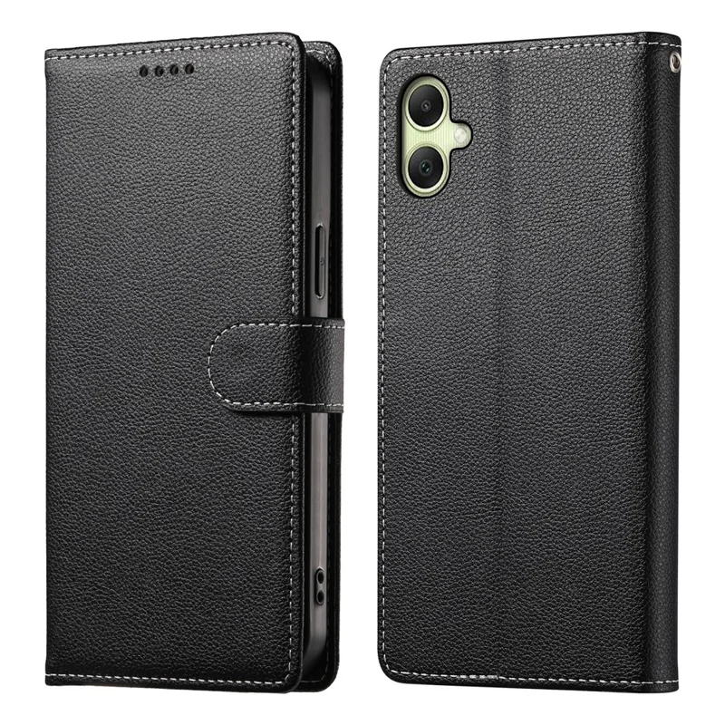 Acquisto all'ingrosso per Samsung Galaxy A07 4G Custodia in pelle Snap magnetico Texture Litchi Custodia portafoglio per telefono con cinturino da polso - Nero