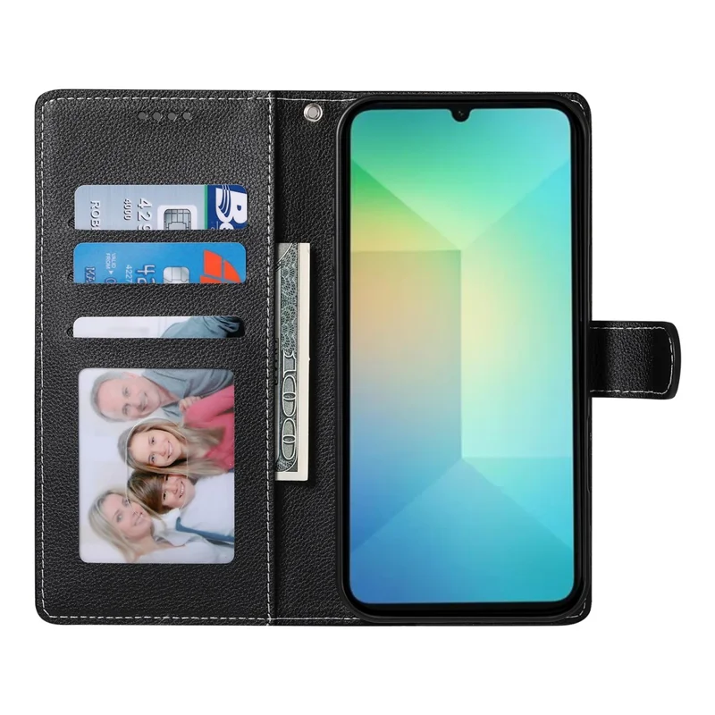Acquisto all'ingrosso per Samsung Galaxy A07 4G Custodia in pelle Snap magnetico Texture Litchi Custodia portafoglio per telefono con cinturino da polso - Nero