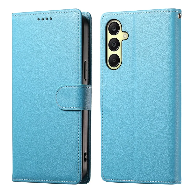Bulk Purchasing For Samsung Galaxy A17 4G / 5G Leather Case Magnetic Snap Litchi Texture Wallet Phone Cover with Wrist Strap - Sky Blue