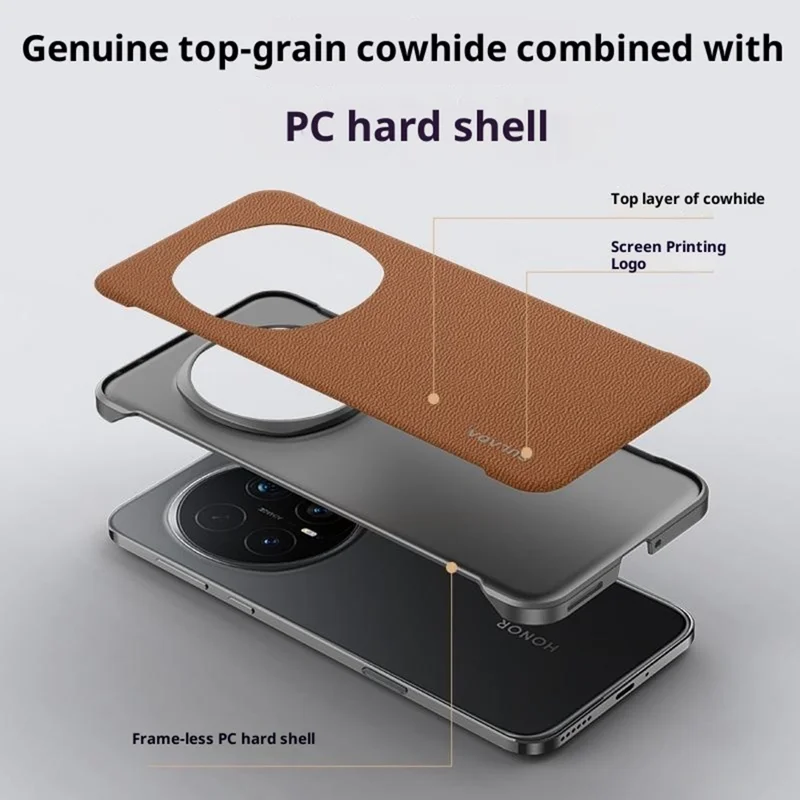 SULADA Pour Honor Magic8 Pro 5G Étui en Cuir de Vache Véritable Housse Arrière de Téléphone Sans Cadre - Marron