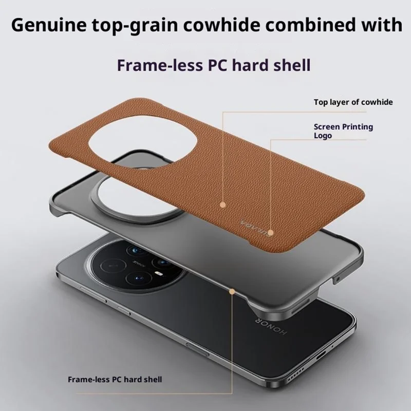 SULADA For Honor Magic8 5G Case Genuine Cow Leather Frameless Phone Back Cover - Brown