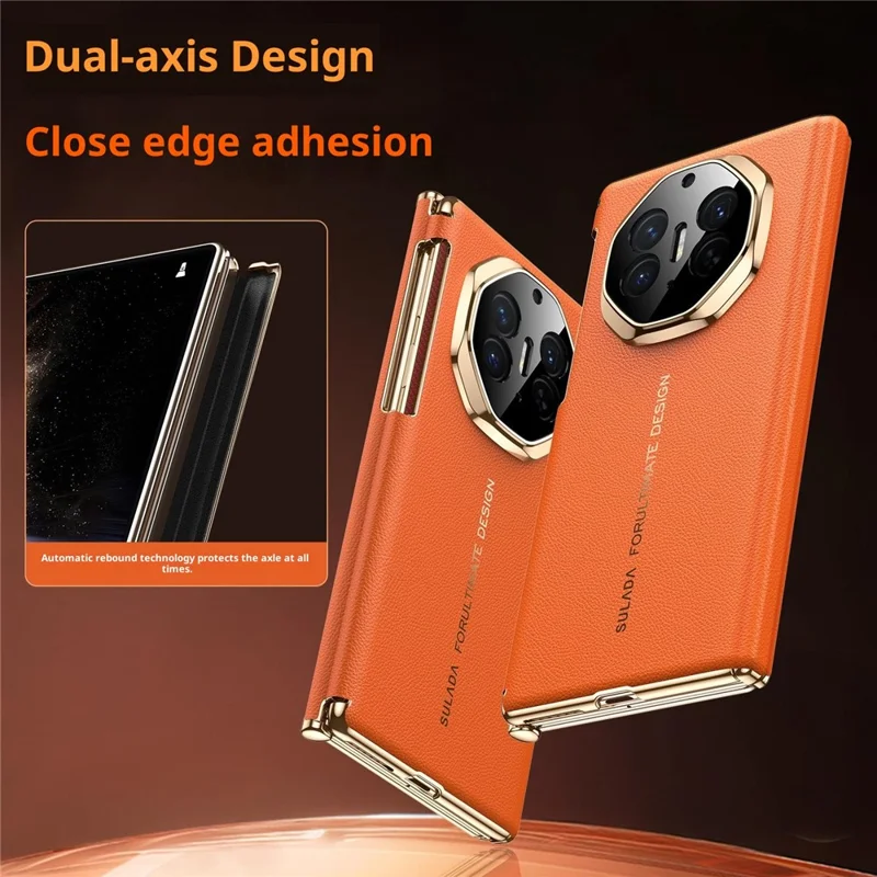 SULADA til Huawei Mate XT Ultimate / XTs Ultimate Magnetisk Case med Dobbeltakse Design Hjernbeskyttelse af Ægte Kudefrak + PC Telefonbeskyttelse - Orange