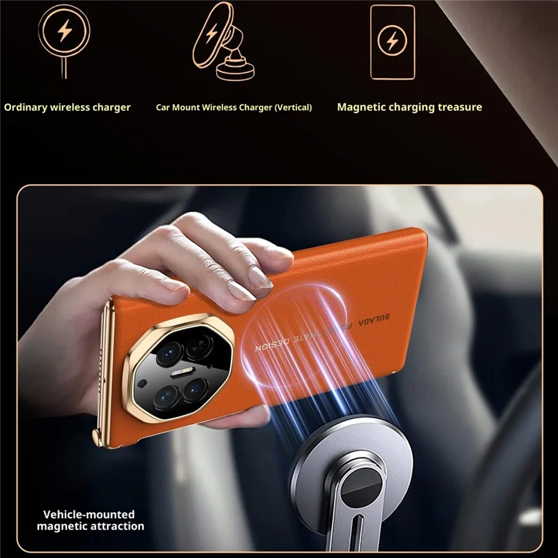 SULADA til Huawei Mate XT Ultimate / XTs Ultimate Magnetisk Case med Dobbeltakse Design Hjernbeskyttelse af Ægte Kudefrak + PC Telefonbeskyttelse - Orange