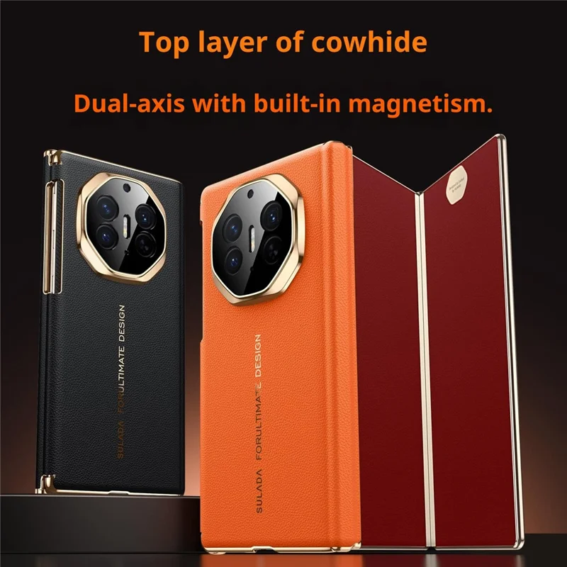 SULADA til Huawei Mate XT Ultimate / XTs Ultimate Magnetisk Case med Dobbeltakse Design Hjernbeskyttelse af Ægte Kudefrak + PC Telefonbeskyttelse - Orange