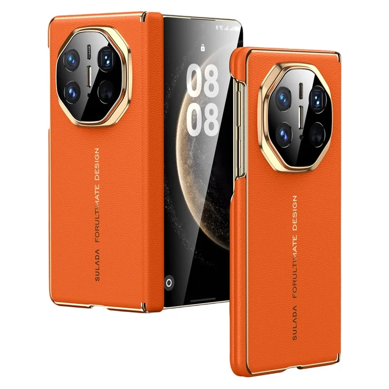 SULADA Pour Huawei Mate X5 Étui Magnétique Conception à Double Axe Protection de Charnière Véritable Cuir de Vache + Housse de Téléphone en PC - Orange