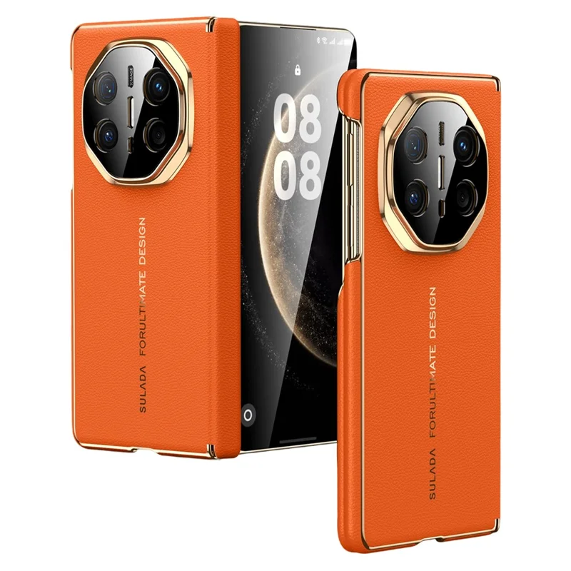 SULADA Pour Huawei Mate X6 Étui Magnétique Conception à Double Axe Protection de Charnière Cuir de Vache Véritable + Housse de Téléphone PC - Orange
