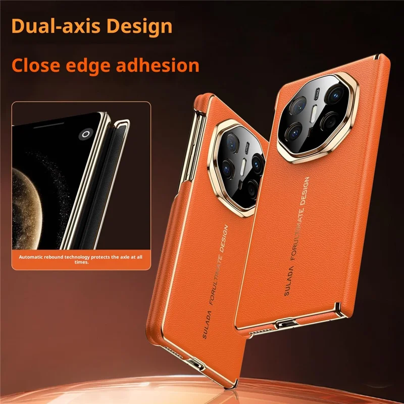 SULADA Pour Huawei Mate X6 Étui Magnétique Conception à Double Axe Protection de Charnière Cuir de Vache Véritable + Housse de Téléphone PC - Orange