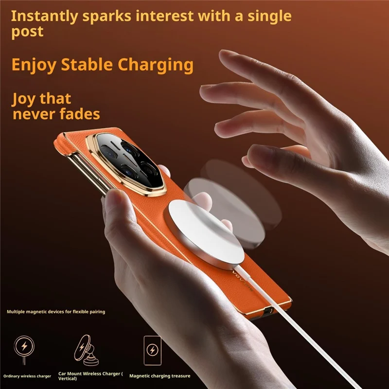 SULADA Pour Huawei Mate X6 Étui Magnétique Conception à Double Axe Protection de Charnière Cuir de Vache Véritable + Housse de Téléphone PC - Orange