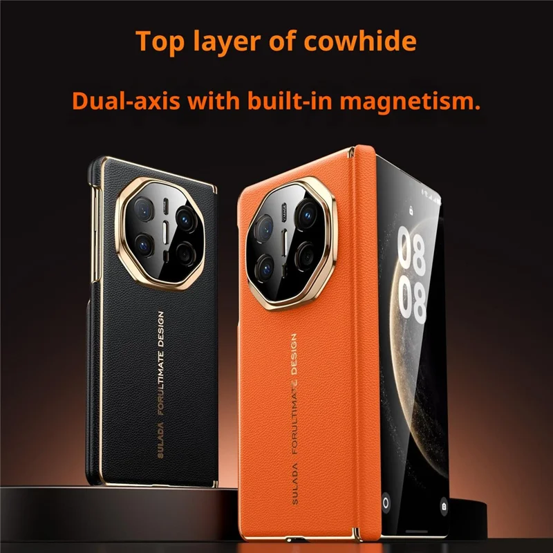 SULADA Pour Huawei Mate X6 Étui Magnétique Conception à Double Axe Protection de Charnière Cuir de Vache Véritable + Housse de Téléphone PC - Orange