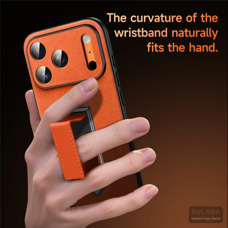 SULADA For iPhone 16 Pro Max Kickstand Case with Magnetic Finger Strap TPU + PC + PU Phone Cover - Orange