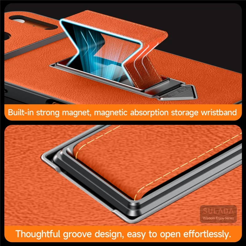 SULADA For iPhone 16 Pro Max Kickstand Case with Magnetic Finger Strap TPU + PC + PU Phone Cover - Orange