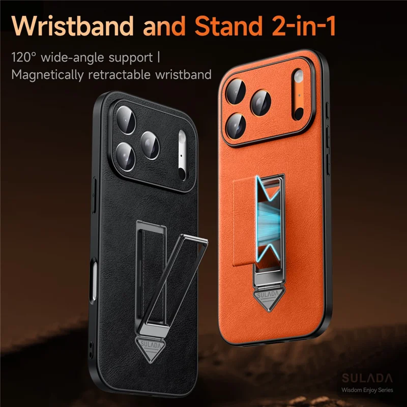SULADA For iPhone 16 Pro Max Kickstand Case with Magnetic Finger Strap TPU + PC + PU Phone Cover - Orange