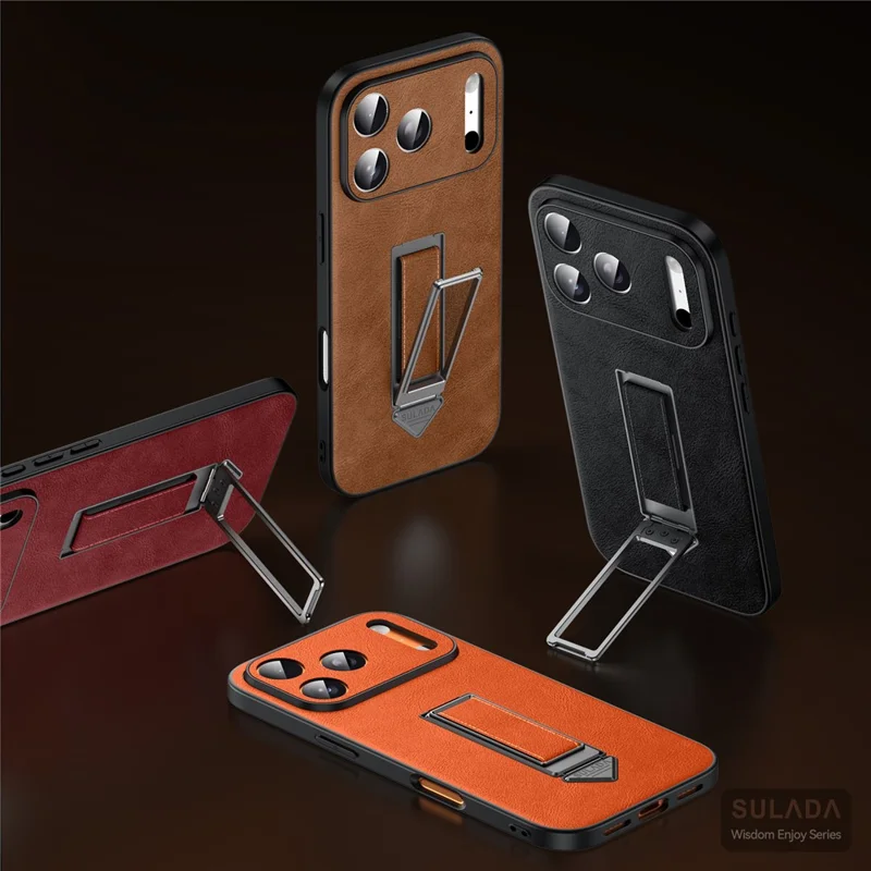 SULADA For iPhone 17 Pro Kickstand Case with Magnetic Finger Strap TPU + PC + PU Phone Cover - Orange