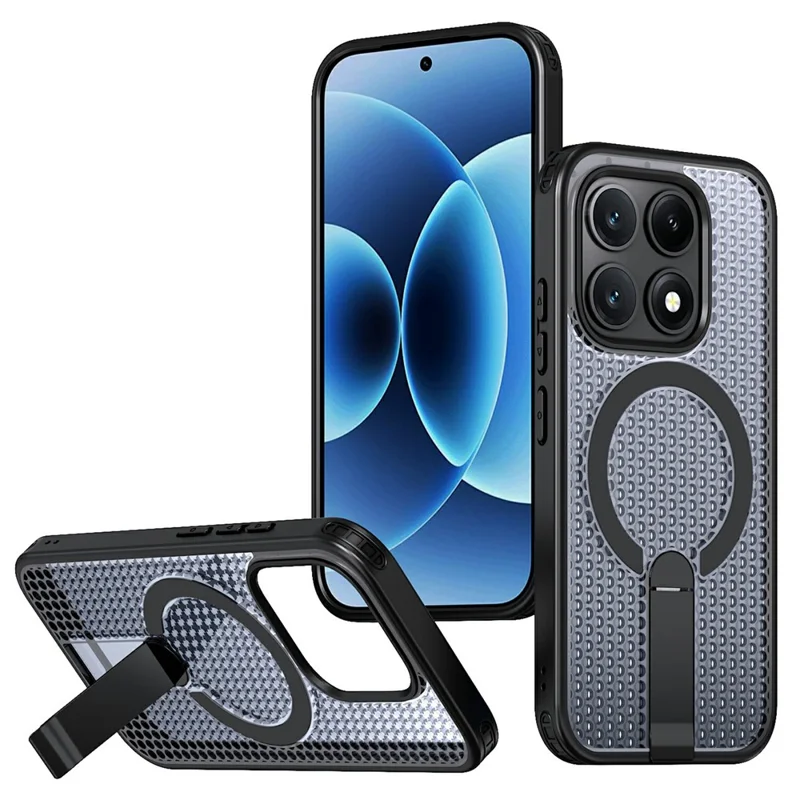 For Xiaomi 17 Magnetic Case Kickstand Grid Texture TPU PC Phone Back Cover - Black