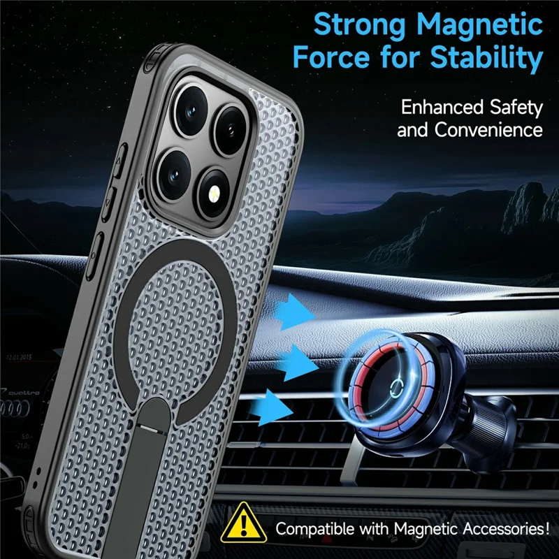 For Xiaomi 17 Magnetic Case Kickstand Grid Texture TPU PC Phone Back Cover - Black