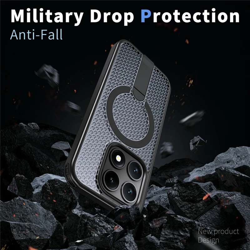 For Xiaomi 17 Magnetic Case Kickstand Grid Texture TPU PC Phone Back Cover - Black