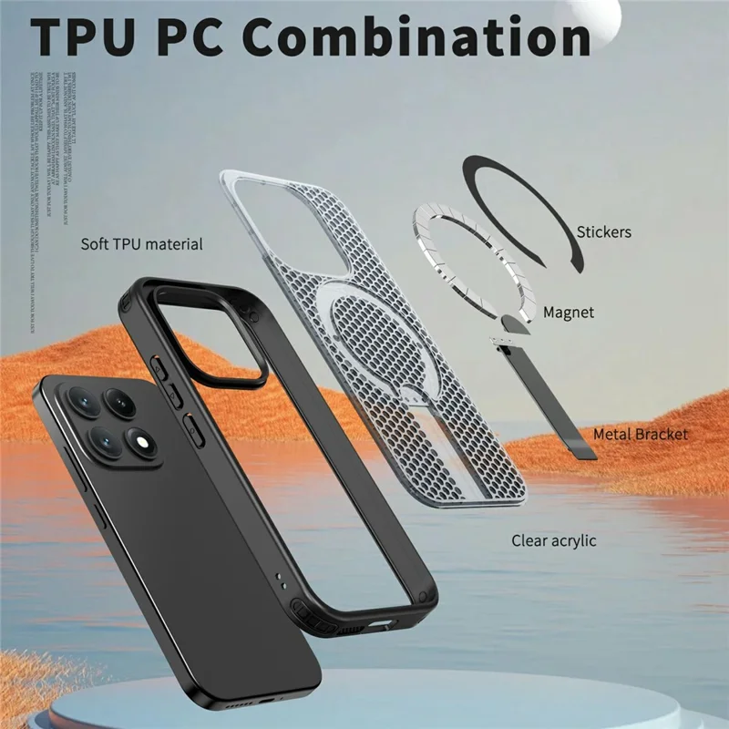 For Xiaomi 17 Magnetic Case Kickstand Grid Texture TPU PC Phone Back Cover - Black