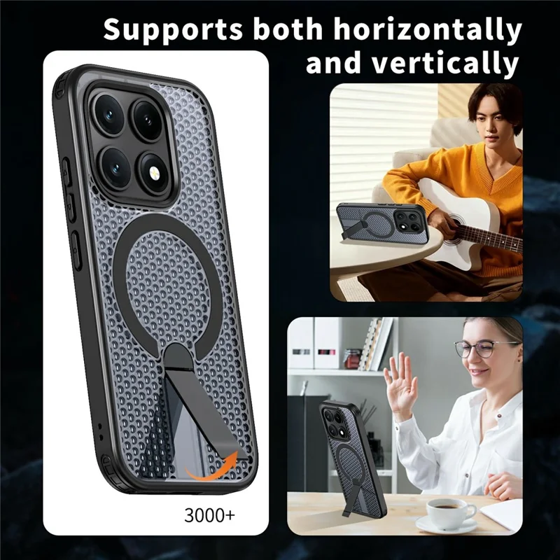 For Xiaomi 17 Magnetic Case Kickstand Grid Texture TPU PC Phone Back Cover - Black