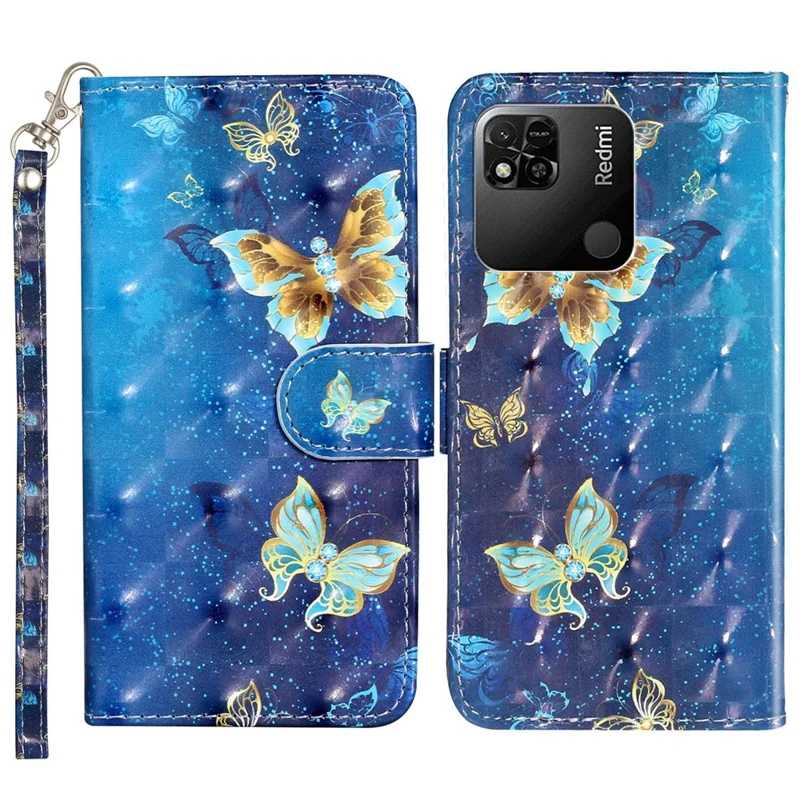 For Xiaomi Redmi 10A PU Leather Wallet Magnetic Case 3D Pattern Printing Stand Flip Phone Cover with Strap - Blue Gold Butterflies