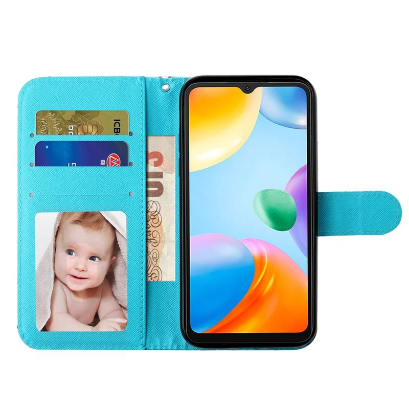 For Xiaomi Redmi 10A PU Leather Wallet Magnetic Case 3D Pattern Printing Stand Flip Phone Cover with Strap - Blue Gold Butterflies
