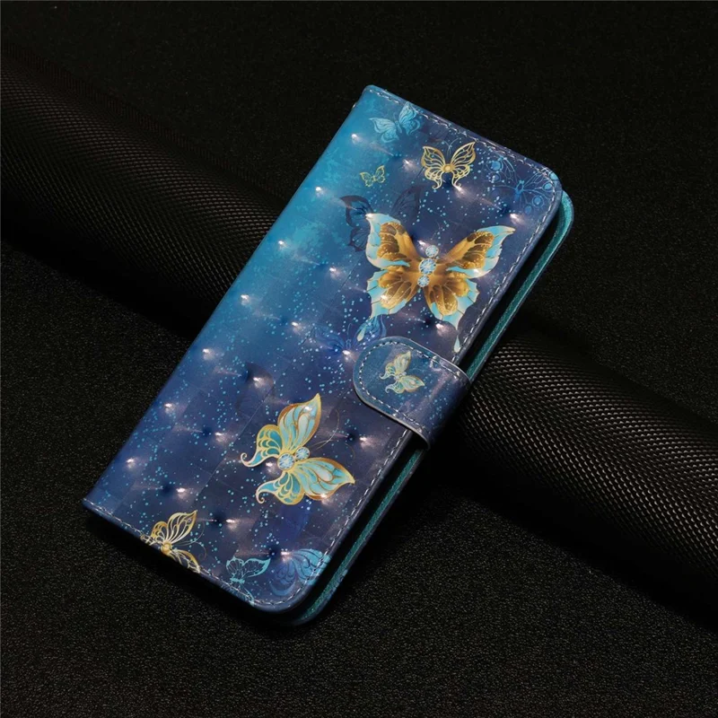 For Xiaomi Redmi 10A PU Leather Wallet Magnetic Case 3D Pattern Printing Stand Flip Phone Cover with Strap - Blue Gold Butterflies