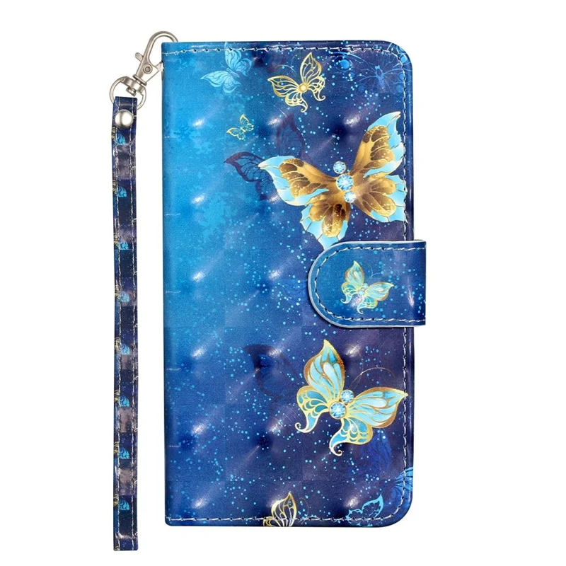 For Xiaomi Redmi 10A PU Leather Wallet Magnetic Case 3D Pattern Printing Stand Flip Phone Cover with Strap - Blue Gold Butterflies
