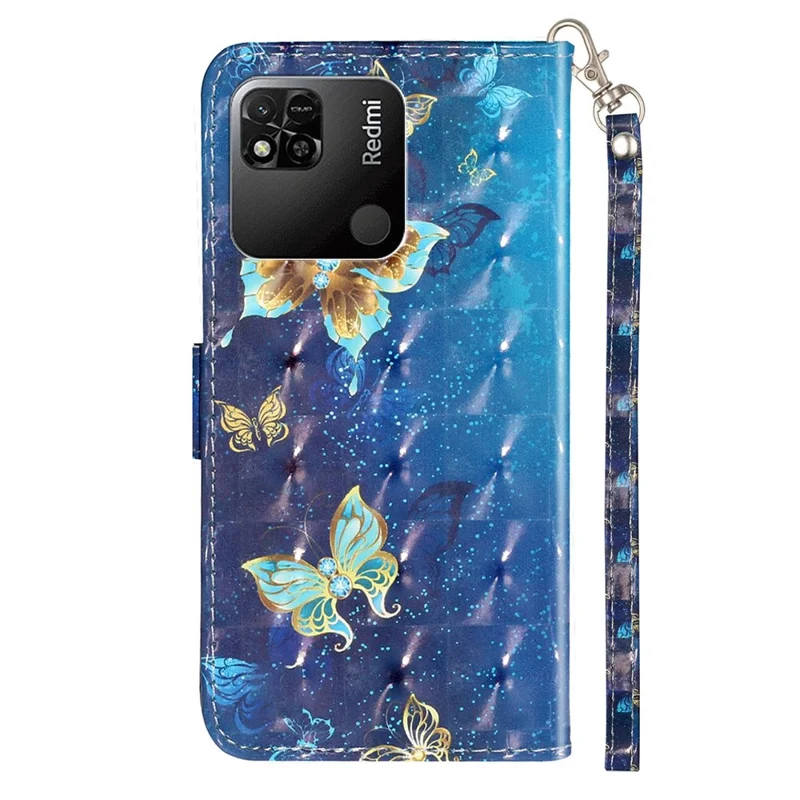 For Xiaomi Redmi 10A PU Leather Wallet Magnetic Case 3D Pattern Printing Stand Flip Phone Cover with Strap - Blue Gold Butterflies
