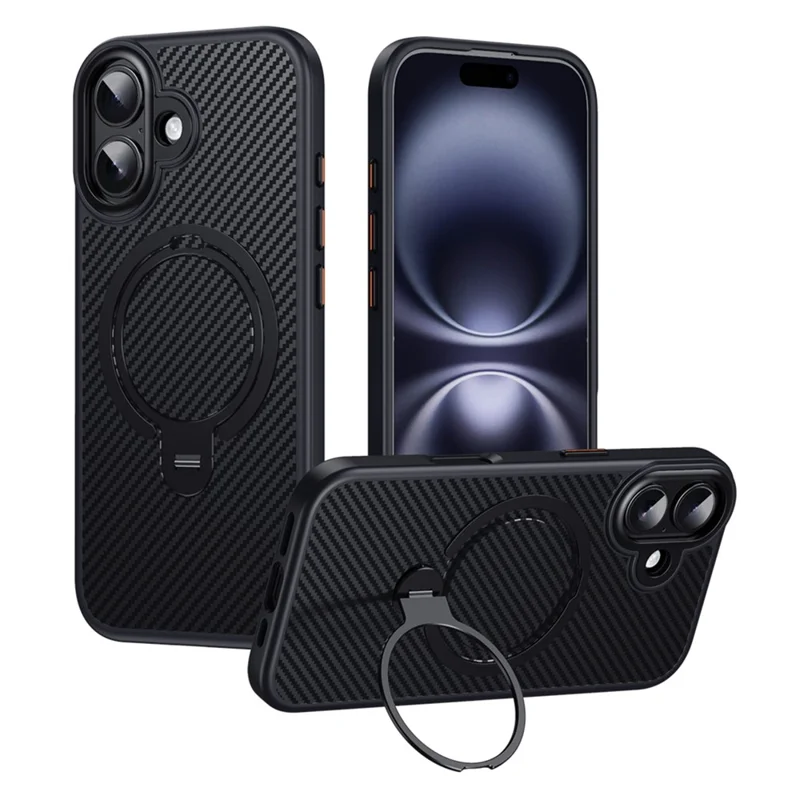 Custodia per iPhone 17 compatibile con MagSafe Custodia per telefono in PC + TPU con anello di supporto Texture in fibra di carbonio - Nero