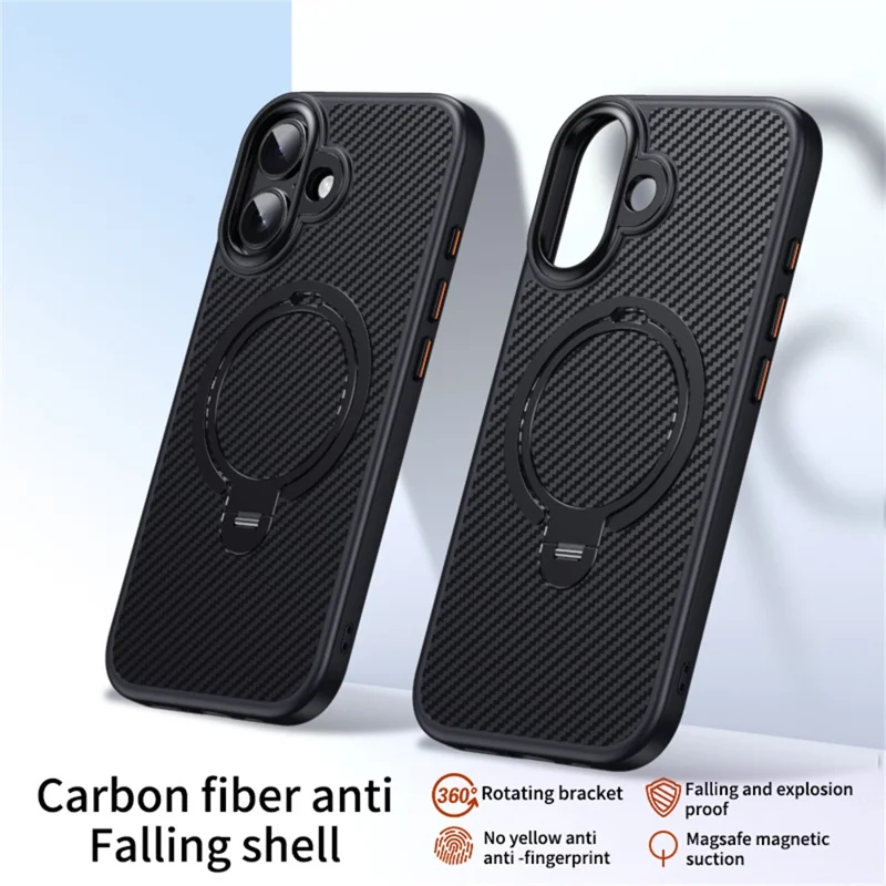 Custodia per iPhone 17 compatibile con MagSafe Custodia per telefono in PC + TPU con anello di supporto Texture in fibra di carbonio - Nero