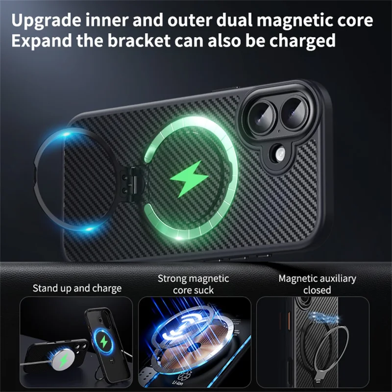 Custodia per iPhone 17 compatibile con MagSafe Custodia per telefono in PC + TPU con anello di supporto Texture in fibra di carbonio - Nero