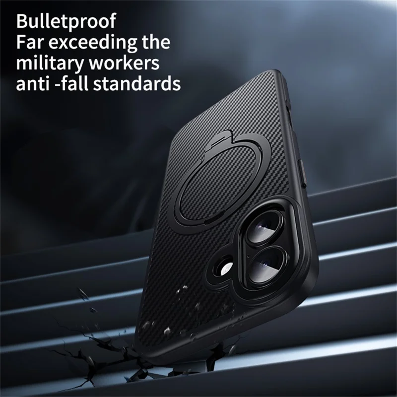 Custodia per iPhone 17 compatibile con MagSafe Custodia per telefono in PC + TPU con anello di supporto Texture in fibra di carbonio - Nero