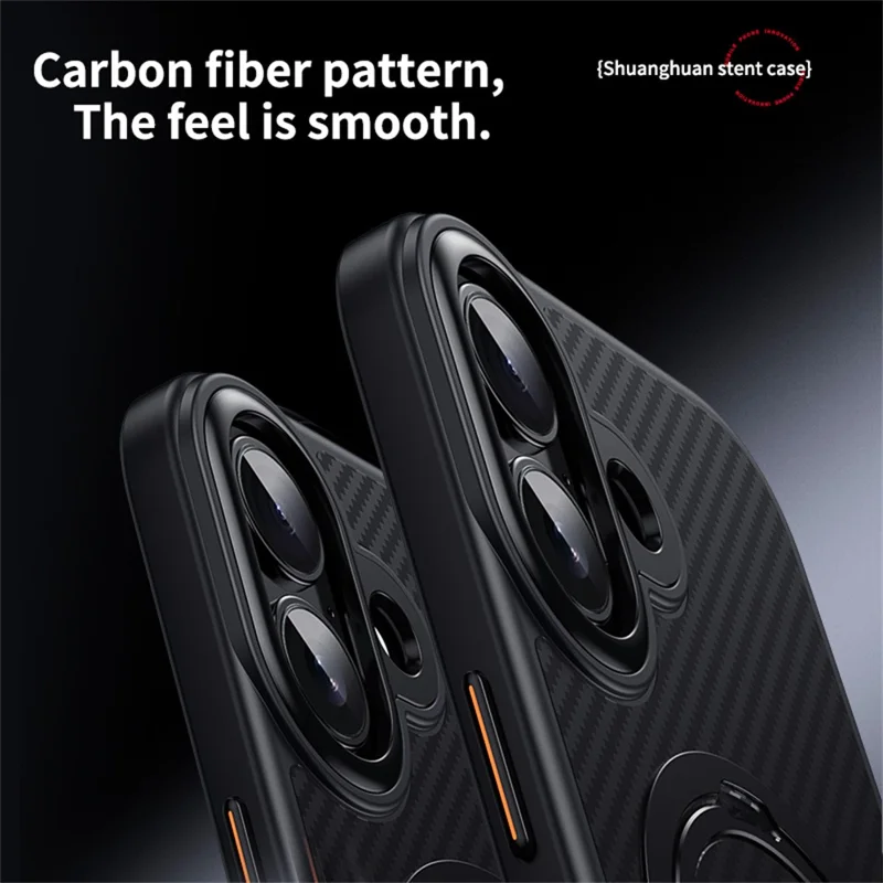 Custodia per iPhone 17 compatibile con MagSafe Custodia per telefono in PC + TPU con anello di supporto Texture in fibra di carbonio - Nero
