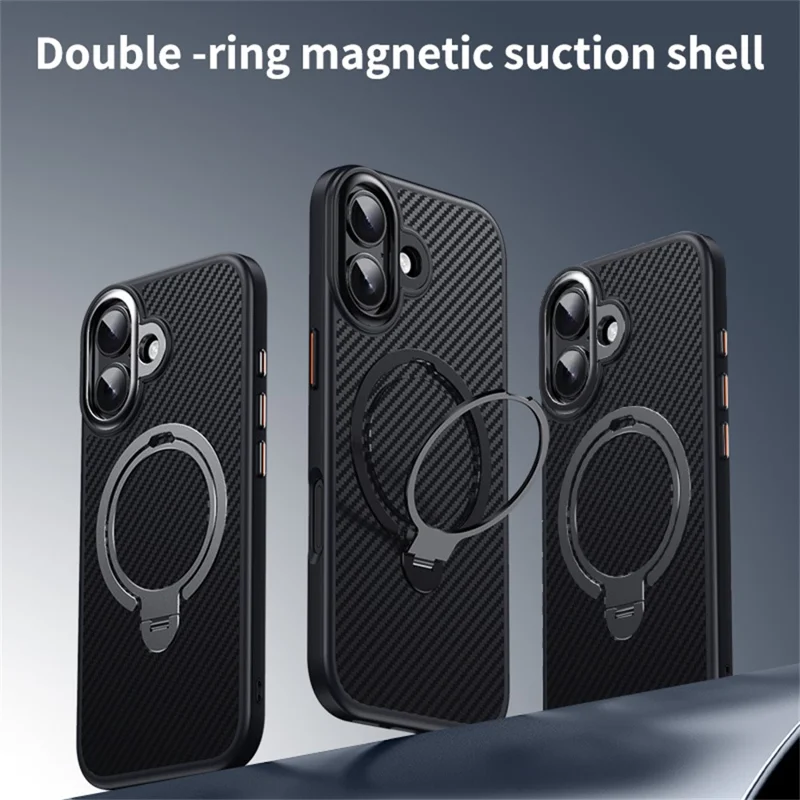 Custodia per iPhone 17 compatibile con MagSafe Custodia per telefono in PC + TPU con anello di supporto Texture in fibra di carbonio - Nero