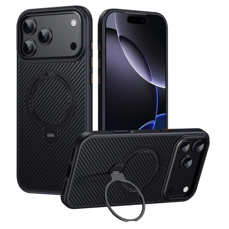 Custodia iPhone 17 Pro compatibile con MagSafe PC + Custodia in TPU con anello portachiavi Texture in fibra di carbonio - Nero