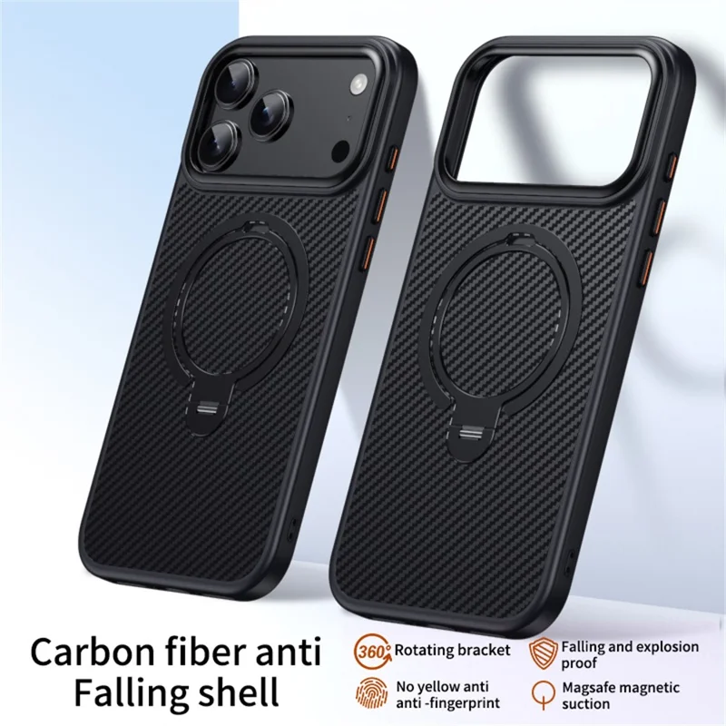 Custodia iPhone 17 Pro compatibile con MagSafe PC + Custodia in TPU con anello portachiavi Texture in fibra di carbonio - Nero