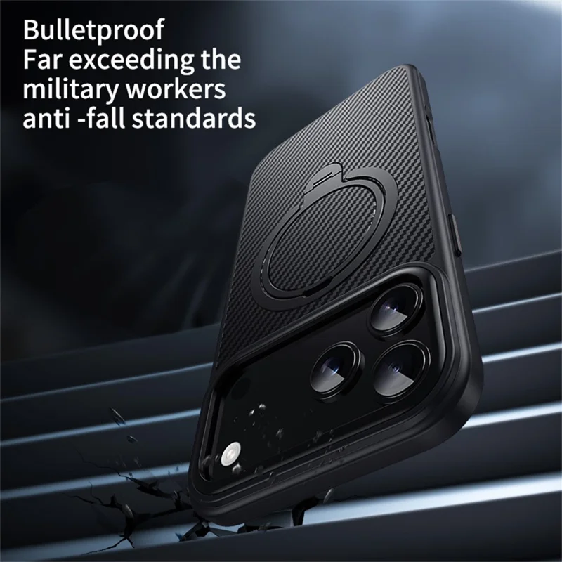 Custodia iPhone 17 Pro compatibile con MagSafe PC + Custodia in TPU con anello portachiavi Texture in fibra di carbonio - Nero