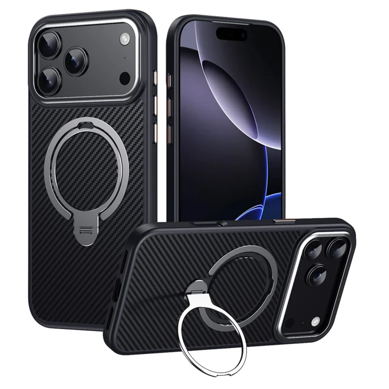 For iPhone 17 Pro Max Case Compatible with MagSafe PC + TPU Phone Cover Ring Holder Carbon Fiber Texture - Silver