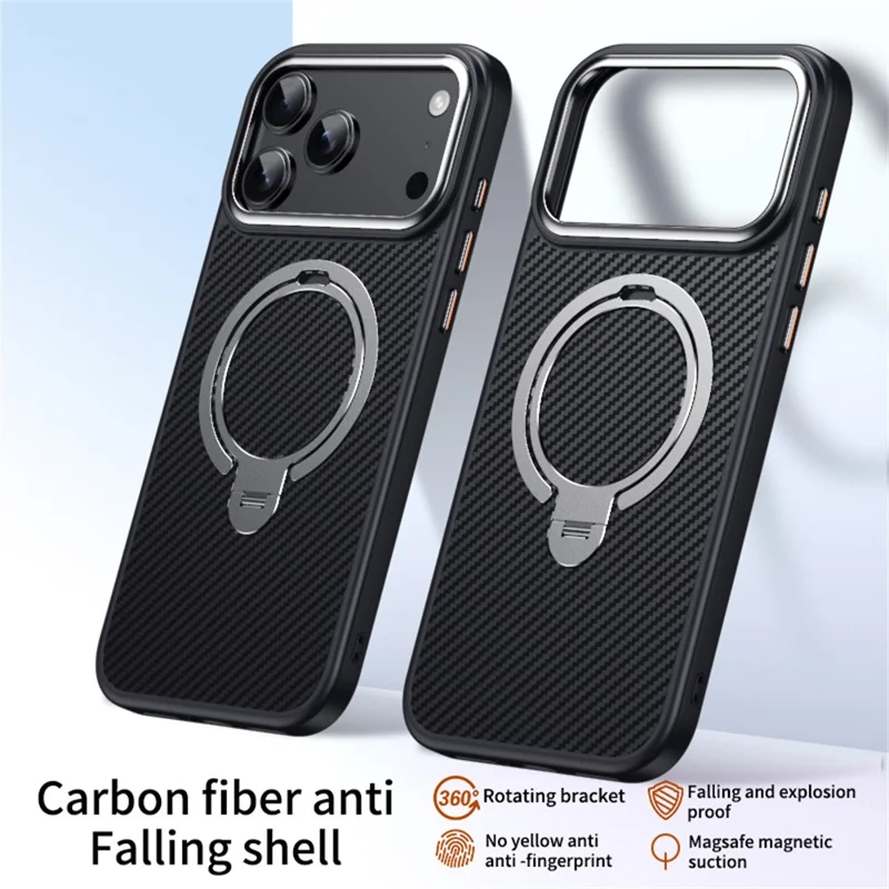 For iPhone 17 Pro Max Case Compatible with MagSafe PC + TPU Phone Cover Ring Holder Carbon Fiber Texture - Silver