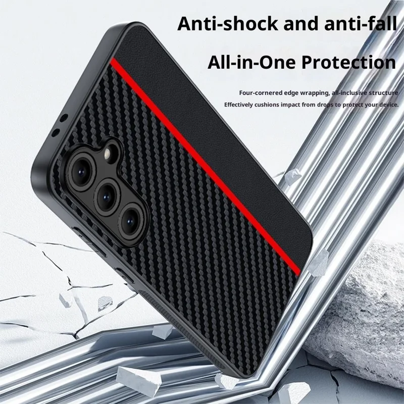 For Samsung Galaxy S25 FE Case Leather + PC Hard Phone Cover Carbon Fiber Texture - Black  /  Red