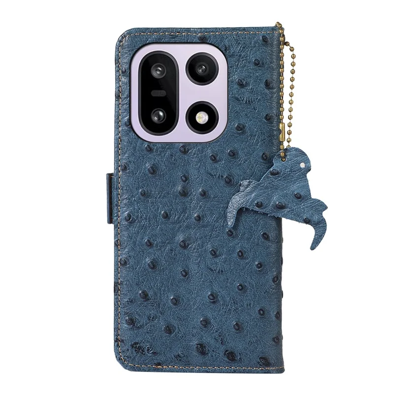 OnePlus 15 5G Hülle RFID-Blockierung Echtes Rindsleder Handyhülle Strauß-Textur - Blau