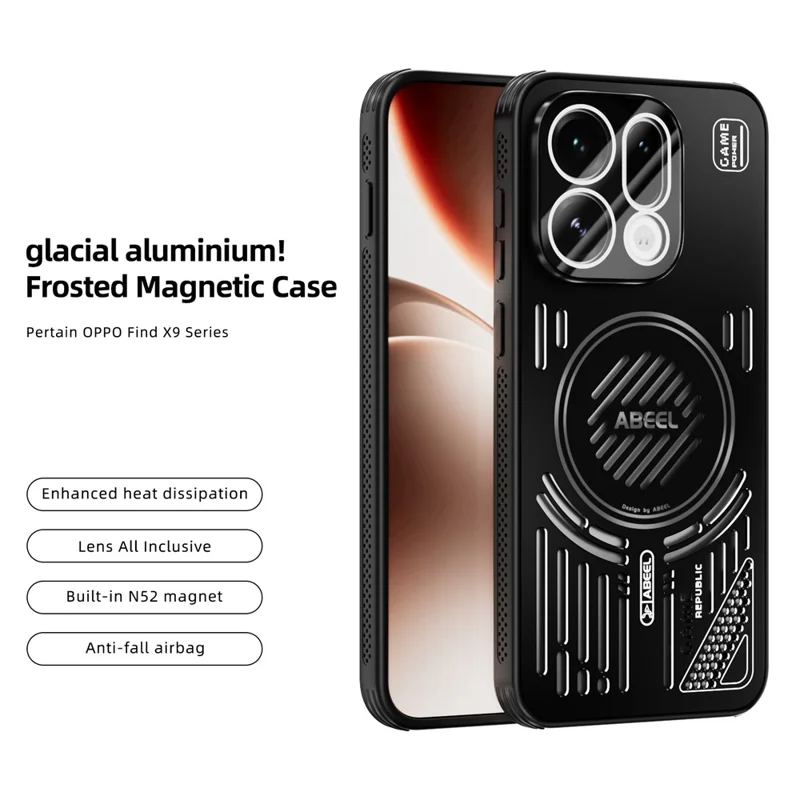 ABEEL For Oppo Find X9 5G Magnetic Case Aluminium Alloy + PC + TPU Hollow Heat Dissipation Phone Cover - Black